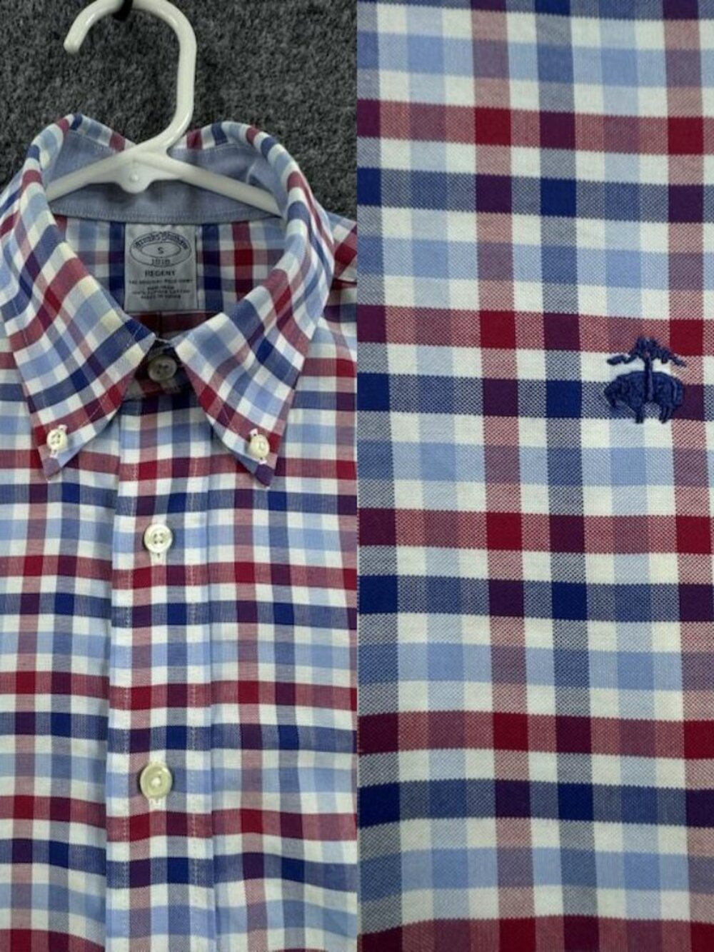 Brooks Brothers Button-Down Small Supima Non-Iron Regent Check Logo Blue Red
